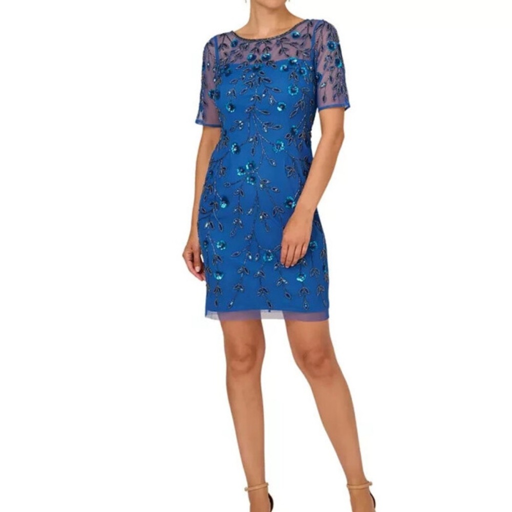 Adrianna Papell Embroidered Mini Dress in Horizon Blue/Royal Blue